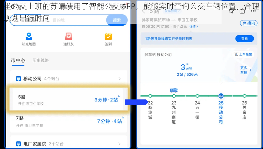 坐公交上班的苏晴使用了智能公交 APP，能够实时查询公交车辆位置，合理规划出行时间