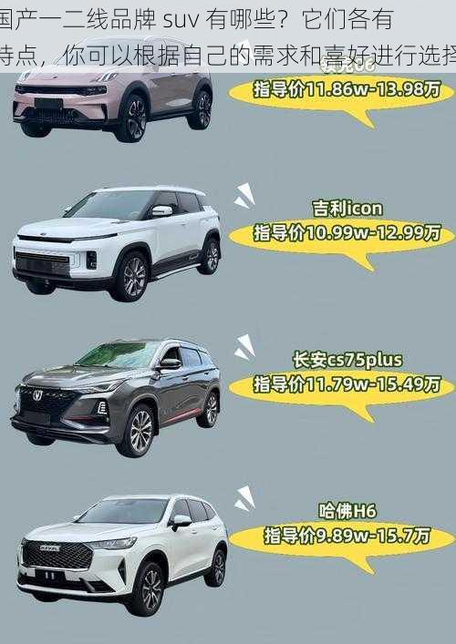 国产一二线品牌 suv 有哪些？它们各有特点，你可以根据自己的需求和喜好进行选择