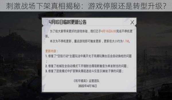 刺激战场下架真相揭秘：游戏停服还是转型升级？