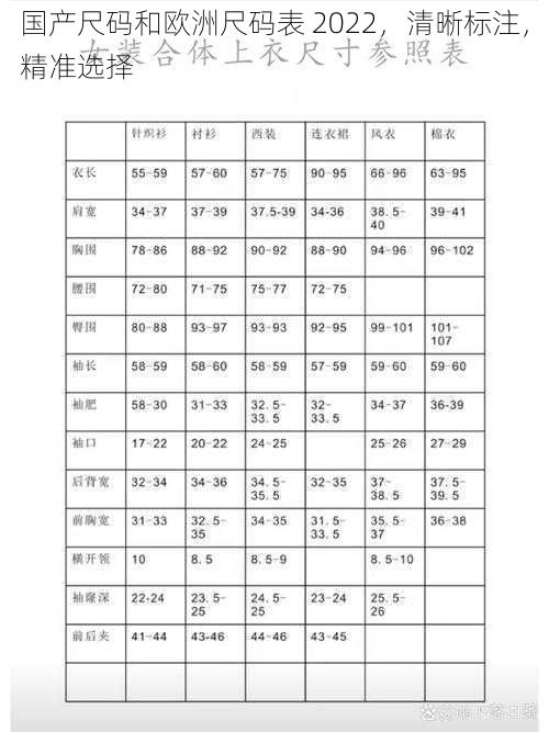 国产尺码和欧洲尺码表 2022，清晰标注，精准选择