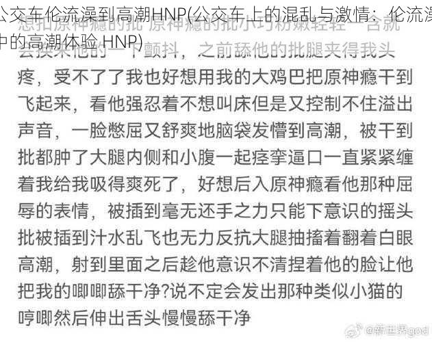 公交车伦流澡到高潮HNP(公交车上的混乱与激情：伦流澡中的高潮体验 HNP)